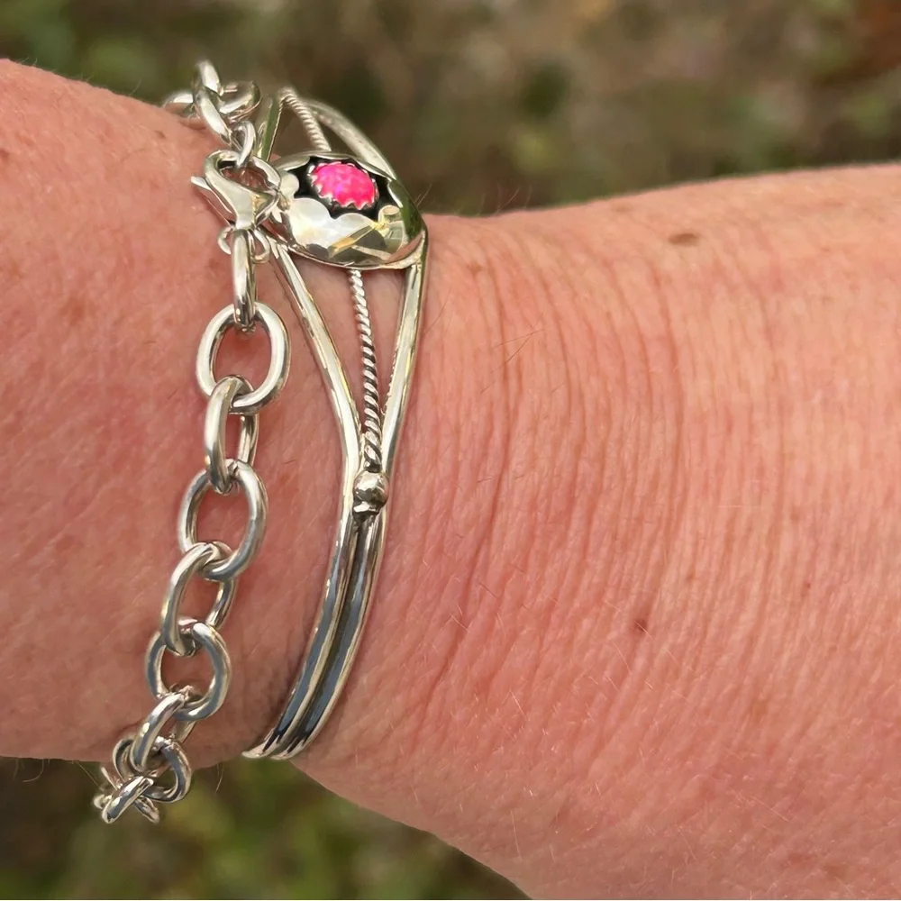 Navajo Hand Made 925 Sterling & Pink Opal Stone Cuff